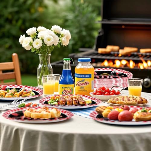50 Pcs BBQ Party Supplies 10" × 12" Large Heavy Duty Red Gingham and Black BBQ Oval Paper Plates Disposable BBQ Birthday Party Plates for Summer Picnic Barbecue Baby Shower Birthday Party Decorations - style: 50Pcs Red Gingham BBQ Oval Plates