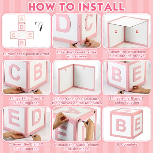 Chunful Wood Baby Shower Box ABC Display Box for Party Decorations with Alphabet Letters Personalized Shower Gifts Basket Party Blocks Backdrop for Boys and Girls (Pink,White) - color: Pink,white