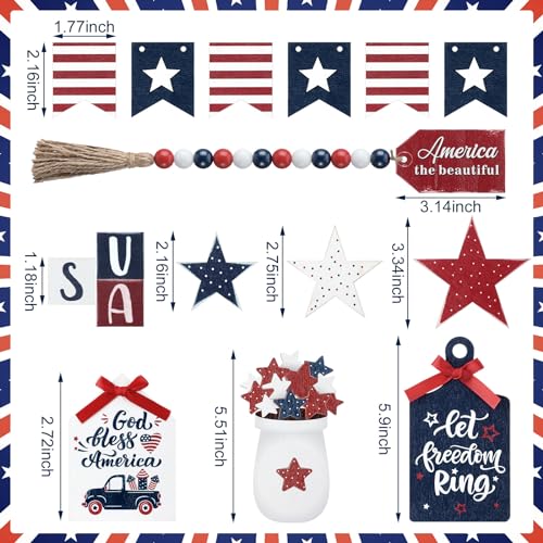 FoldTier 18 Pcs 4th of July Tiered Tray Decor Set Rustic Patriotic Independence Day Decoration Glow Vintage Farmhouse 4th of July Tiered Tray Sign Wooden Red White Blue Decor for Table(Patriotic) - style: Patriotic