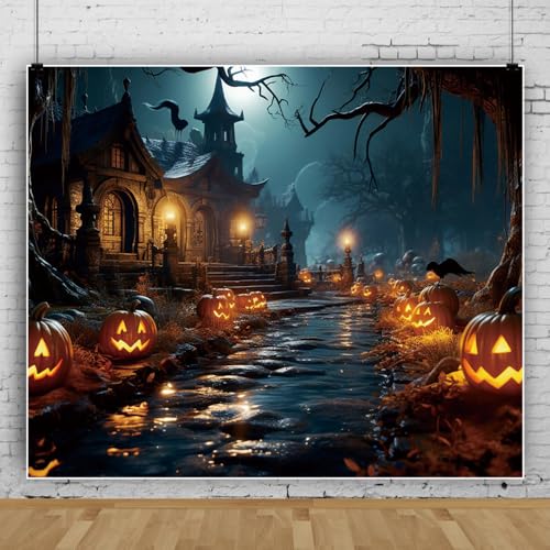 10x8ft Halloween Scary Pumpkins Backdrop for Photography Hunted House Creepy Night Backdrops All Saint's Day Photo Background Halloween Banner Decorations Photo Props - color: Black 06713