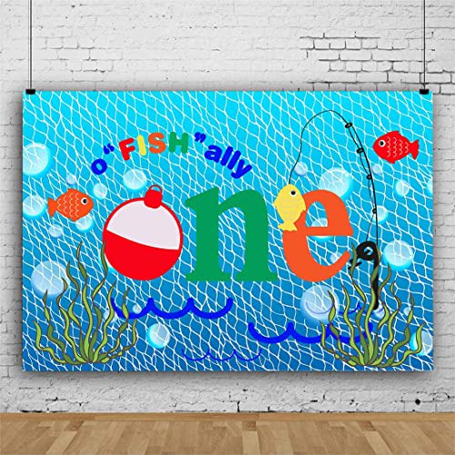 Gone Fishing 1st Birthday Party Photography Backdrop, 5X3FT, O Fish Ally Blue Fishing Nets Bubbles Background, Photo Booth Studio Props RBJYYLU79 - size: polyester microfiber fabric-5x3ft