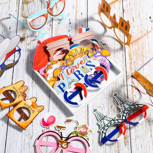 36 Pcs Paris Party Decorations France Theme Eyeglasses Paper Glasses Frame Eiffel Tower Photo Booth Props French Party Favors for Paris Baby Shower Birthday Supplies - style: Paris