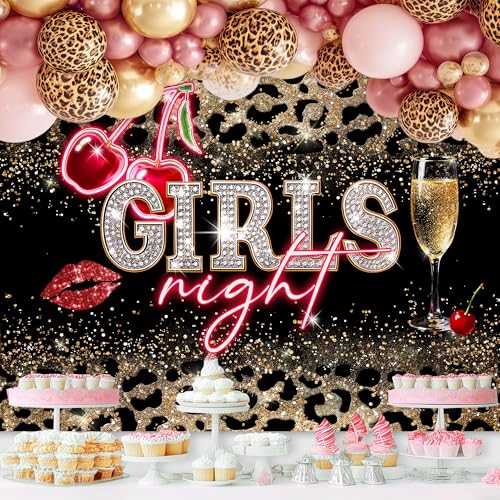 Girls Night Backdrop 7Wx5H Feet Fabric Polyester Vintage Leopard Print Red Cherry Lips Neon Champagne Glitter Cheetah Fashion Woman Girly Photography Background Banner Photo Shoot Decor Prop - color: A-01leopard cherry glitter, size: 7Wx5H