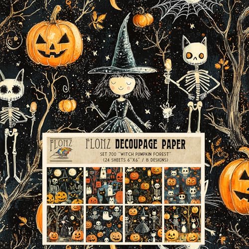 Decoupage Paper Pack (24 Sheets 6"x6") Witch Pumpkin Forest ~ Naive Style Characters with Witches, Skeletons, Pumpkins and Cats on Textured Dark Backgrounds - color: FourtyFive