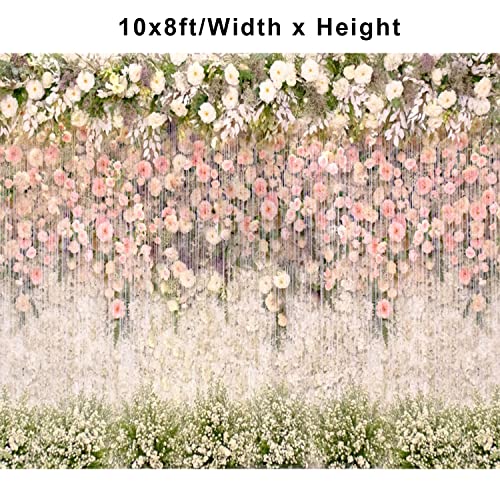 Bridal Shower Floral Wedding Backdrop 10x8ft Vinyl Pink and White Flower Wall Background for Photography Ceremony Anniversary Dessert Table Reception Decorations Banner Studio Photoshoot Props
