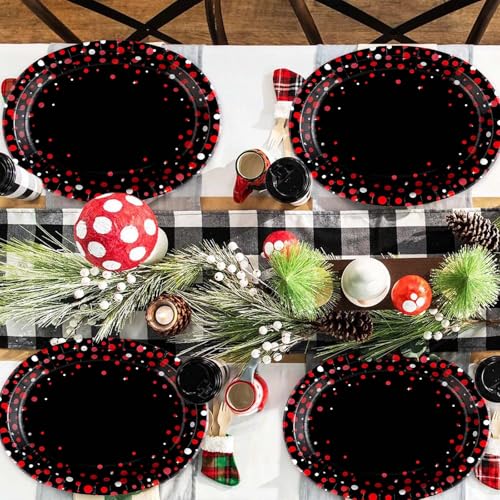 50 Pcs Black and Red Oval Plates 10" x 12" Large Graduation Party Plates Disposable Heavy Duty Red Dot on Black Paper Plates for Congrats Grad Holiday Fiesta Wedding Birthday Party Decorations - style: Black and Red Dot Oval Plates