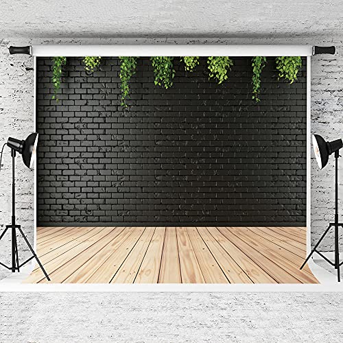 8x8ft Clean Black Brick Wall with Wood Floor Photography Backdrop for Portrait, Green Background, Vinyl Material for Birthdays, Parties, Weddings, Graduations DH-94 - size: 8X8FT