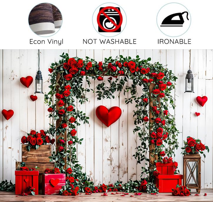 6 x 4 ft Valentine's Day Backdrop Rustic Barn White Wall Red Rose Love Heart Balloon Background Wedding Bridal Party Valentine's Day Engagement Backdrops Portrait Photo Booth Props - color: Red4, size: 6x4ft