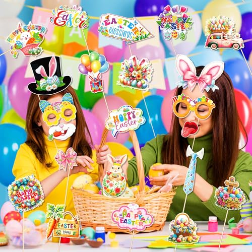 25 Pcs Easter Photo Booth Props with Stick, Bunny Eggs Theme Selfie Props, Happy Easter Day Birthday Party Supplies, Photography Backdrop Decorations