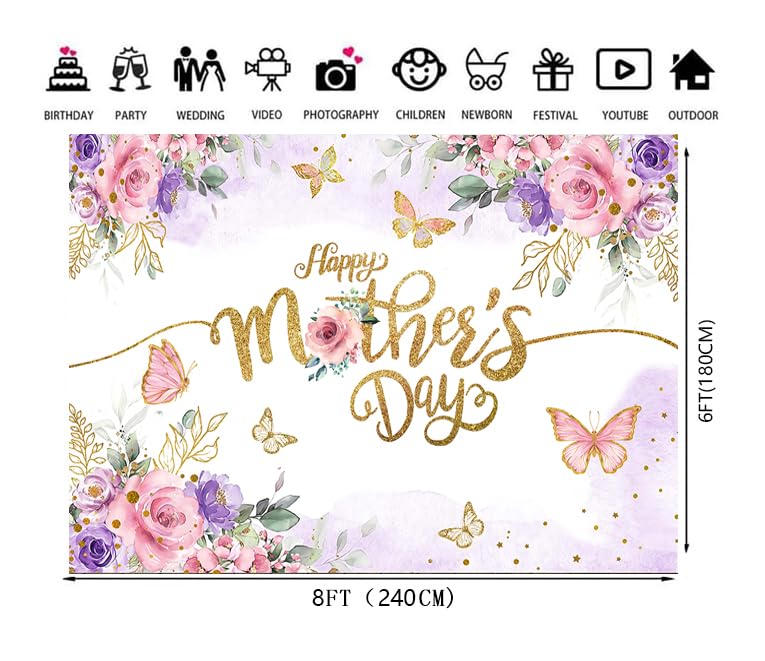 8x6ft Happy Mother's Day Backdrop Floral Golden Dots Mothers Day Birthday Photography Background for Women Thanks Mother's Day Photo Booth Props 068 - size: 8x6ft