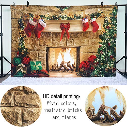 7x5ft Christmas Fireplace Theme Backdrop for Photography Tree Sock Decorations for Xmas Party Supplies Photo Background Pictures Banner Studio Decor Booth Props - size: 7ft by 5ft