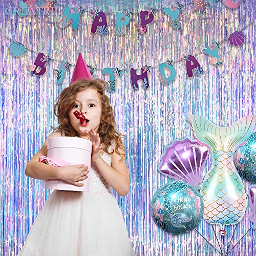 Iridescent Party Streamers Backdrop - GREATRIL Neon Transparent Holographic Tinsel Foil Fringe Curtain for Mermaid/Frozen/Sea/Euphoria/ERAS Party Theme Decorations 3.2ft x 6.5ft 2 PCS - color: Iridescent