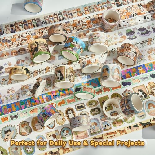 Cat Dog Washi Tape Set 20 Rolls, Cute Decorative Masking Tape for Junk Journal and Scrapbooking, DIY Crafting Supplies - style: Cat & Dog
