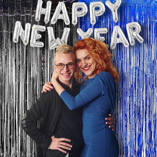BRAVESHINE Foil Fringe Curtains - Black Blue Metallic Tinsel Photo Booth Party Steamers Backdrop for Graduation/16th/30thBoy/Men/Birthday/Retirement/Homecoming/Ocean/Bachelorette Party Decorations - color: Black Blue