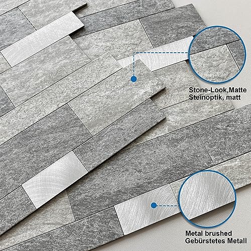 MOFIT Backsplash Tile for Kitchen Peel and Stick Stone Matte Finish,Bathroom Tiles Stickers 3D Wall Panel Linear Mosaic Marble Backsplash Waterproof (5sheets,Gray Silver) - color: Gray Silver, size: 5sheets
