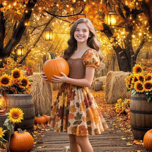 Fall Photo Backdrop, Autumn Forest Scenery Maple Leaves Pumpkins Sunflowers Photography Background, Fall Farm Harvest Thanksgiving Day Friendsgiving Party Decorations Photo Booth 7X5FT - color: Orange, size: 7X5FT