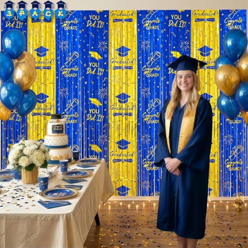 3pcs 2026 Graduation Decorations Blue and Gold Class of 2026 Party Supplies - 9.9ft X 6.6ft Fringe Curtain Graduation Backdrop and Balloons Kit for College High School Photo Booth - color: Blue, Gold