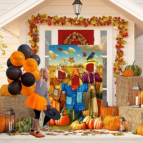 Buryeah Thanksgiving Photography Backdrop Scarecrow Pumpkin Photo Halloween Background Fall Backdrops for Photography Autumn Party Photo Props with Head Cutout Banner with 10 Meter Rope 73 x 47''