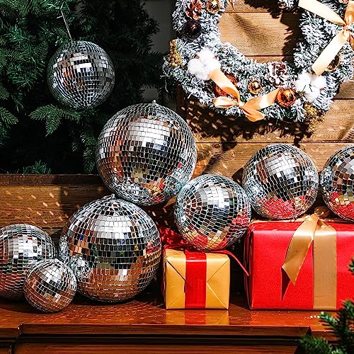 Haull 8 Pcs Large Disco Ball Set Silver Mirror Disco Reflective Ball with Hanging Ring Party Ornament Decoration for Stage Club Ballroom Dance Hall Wedding Prom Props(8'', 6'') - size: 8'', 6''