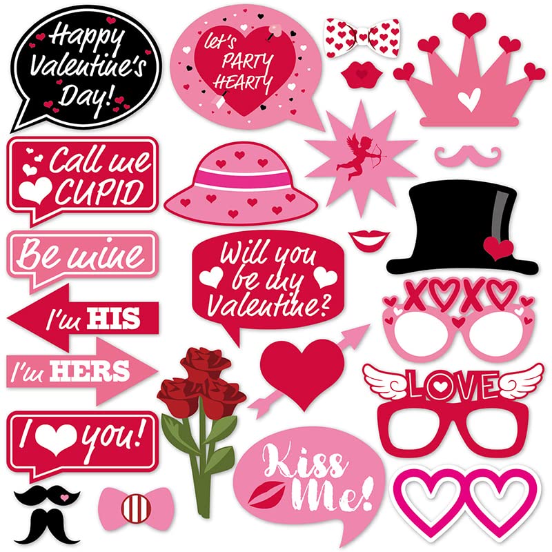 25 Pcs Valentine's Day Photo Booth Props Happy Love Heart Selfie Photobooth Props, Valentine Creative Funny Party Decoration Supplies for Holiday Wedding Engagement Anniversary DIY Craft