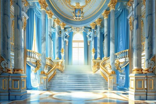 Renaiss Fabric Blue Palace Backdrop Luxury Golden Hall Castle Interior Staircase Masquerade Party Scene Wedding Bridal Shower Background Photo Booth Studio Props 6x4ft - color: XH002, size: 6Wx4H FT
