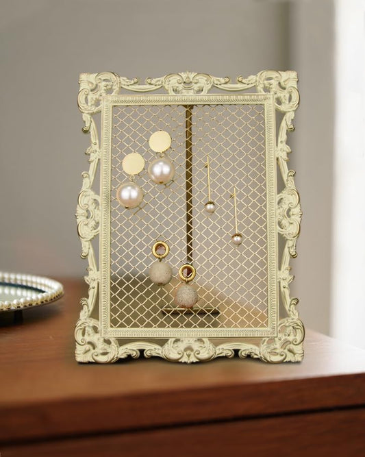 Baroque Metallic Jewelry Tower/Earring Organizer | For Home Decor, and Earrings (Ivory w/Gold Accents / 6.7”x8.6”x0.6”) Gift Box