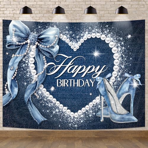 Newsely Denim and Diamonds Bow Backdrop 8Wx6H Photography Blue Coquette Silver High Heels Happy Birthday Banner for Women Girls Background Pearl Party Decorations Banner Photo Booth Props Supplies - color: C-blue bow, size: 8Wx6H