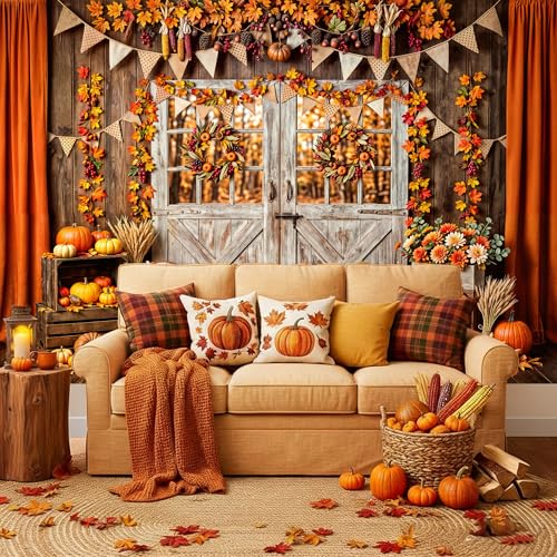 5 x 3 ft Fall Backdrop Rustic Barn Door Maple Leaves Pumpkin Wall Harvest Background Autumn Thanksgiving Harvest Friendsgiving & Birthday Party Decorations - color: Multi10, size: 5x3ft