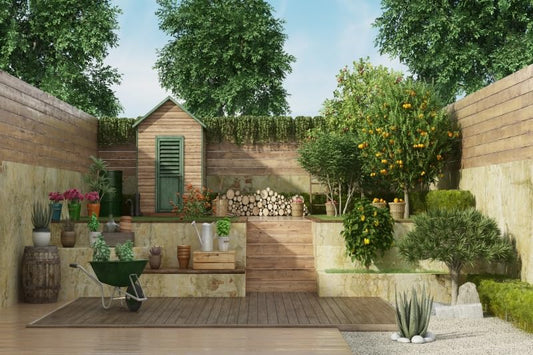 Renaiss Fabric Courtyard Scenery Backdrop Countryside Garden Wood House Natural Green Plants Photography Background Balcony View House Decorations Photo Studio Props 5x4ft - color: XH007, size: 5Wx4H FT