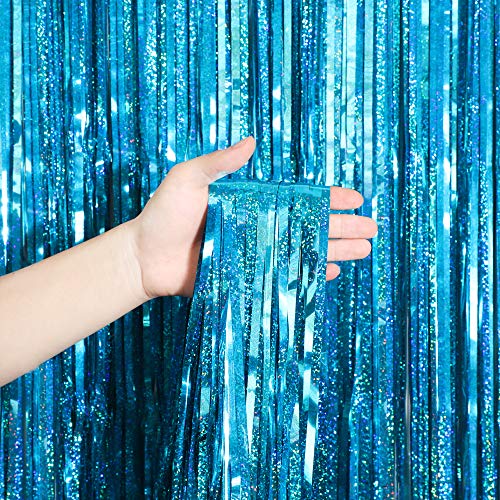 Melsan 2 Pack 3.2 ft x 8 ft Teal Tinsel Foil Fringe Curtains Backdrop, Blue Sparkle Metallic Foil Curtains for Ocean Birthday Party Decorations - color: Teal