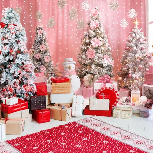Mocsicka 7x5ft Pink Christmas Backdrop Snowflake Xmas Tree Interior Room Photography Backdrop Background Family Kids Merry Christmas Holiday Party Decorations Photo Booth Props