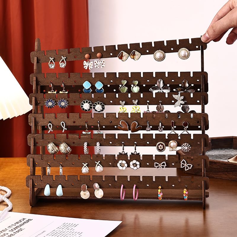 Earring Display Stand, 7 Tier Thin Wood Earring Organizer Stand, Earring Holder for Selling for Vendors, Brown