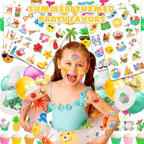 96 PCS Hello Summer Beach Pool Hawaiian Pre-Cut Temporary Tattoos for Kids | Super Cute Themed Birthday Party Favors, Supplies, Decorations, Fake Tattoo Stickers (Multiple) - color: Multiple