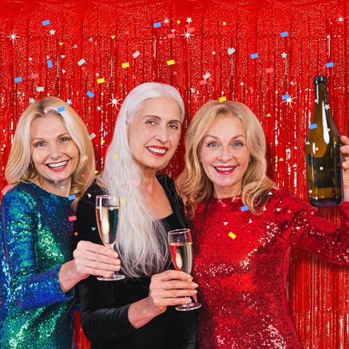 Tinsel Curtain Backdrop Red Birthday Party Decorations 2 Packs Glitter Foil Fringe Curtain Decor Streamers Photo Booth for Christmas Wedding Halloween Graduation - color: Red, size: 2 Pack
