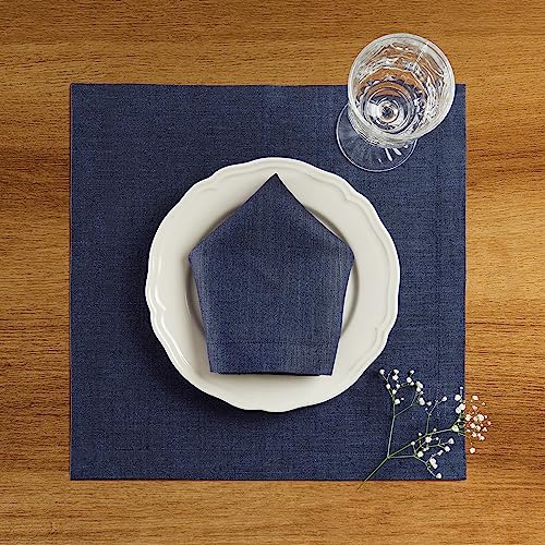 Solino Home Linen Square Placemats Set of 4 - Chambray Navy Placemats 14 x 14 Inch - 100% Pure Linen Table Mats for Spring, Summer, Memorial Day - Athena - color: 08: Navy Chambray, size: 14" X 14" (Set of 4)