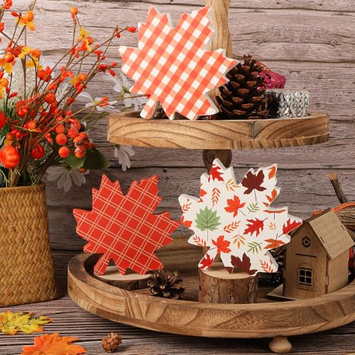 COCHIE Fall Leaves Decorations for Home Indoor, Thanksgiving Table Decor, Harvest Tabletop Decoration, Wooden Maple Leaf Signs Block for Tiered Tray Party Shelf Display Set of 3 - style: Fall Leaves 3