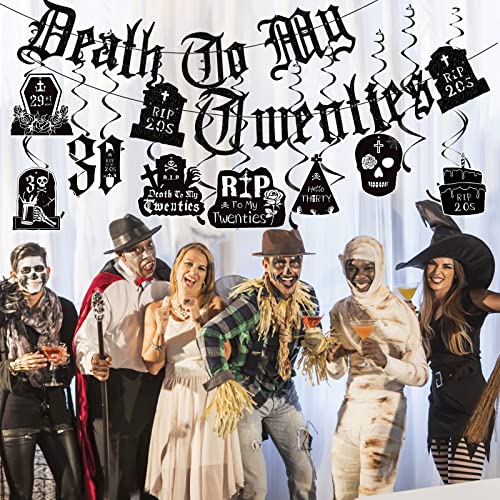 Death to My 20s Decorations - 14pcs Black 30th Birthday Party Decorations Banner Hanging Swirls Rip to My 20s Birthday Decor Party Ceiling Supplies Women Men Funeral for My Youth Party Decor - style: Death to My 20s