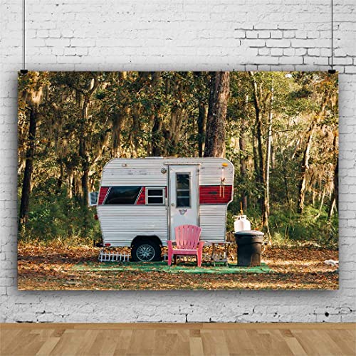 Camp Party Camping Backdrop, 5x3ft Sunny Forest Camper Trailer Nature Scenery Photography Background, Studio Photo Prop RBJYYLU23 - size: polyester microfiber fabric-5x3ft
