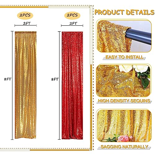 Sequin Backdrop Curtain 4 Panels 2FTx8FT Glitter Background Drapes Sparkle Photography Backdrop for Party Wedding Birthday Wall Decoration (Red× 2 and Gold×2) - color: Gold and Red, size: 2FTx8FT-4PCS