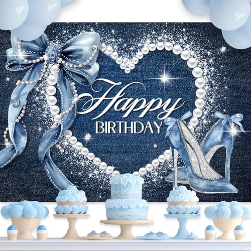 Newsely Denim and Diamonds Bow Backdrop 7Wx5H Photography Blue Coquette Happy Birthday for Women Girls Birthday Banner Background Silver High Heels Party Decorations Banner Photo Booth Props Supplies - color: C-blue bow, size: 7Wx5H