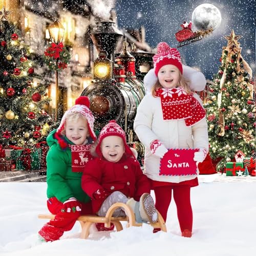 Mocsicka Christmas Train Backdrop Winter Town Snow Railway Xmas Tree Photography Background Winter Xmas Eve New Year Family Party Decor Photo Booth Studio Props (6x4ft (72x48 inch)) - size: 6x4ft (72x48 inch)