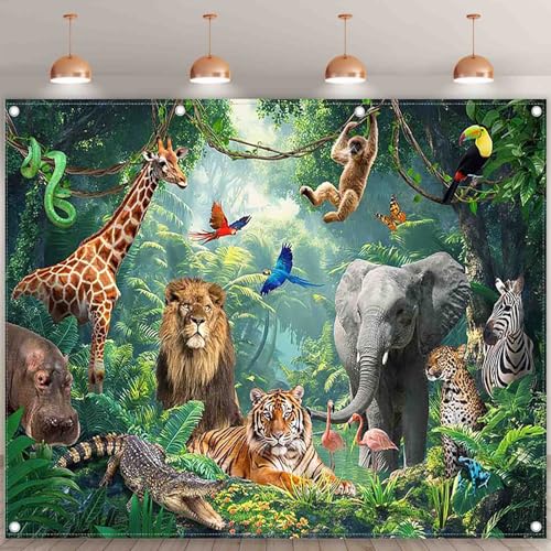 Fabric 10x8ft Jungle Forest Animals Photography Backdrop Tropical Rainforest Safari Background Wild Party Decorations Kids Event Photo Banner Props - size: 10'x8'