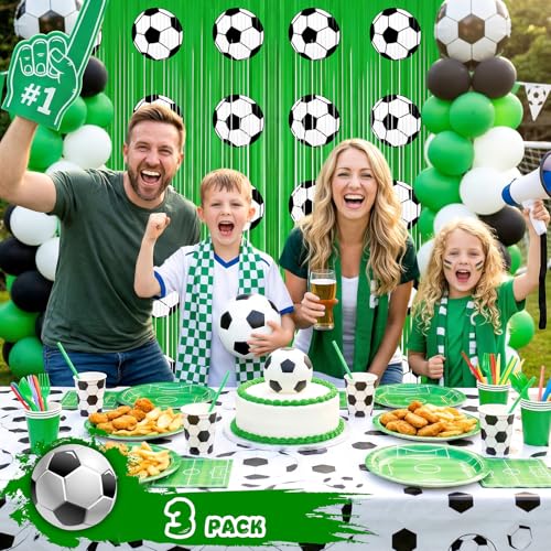 3 Pcs Soccer Party Decorations Foil Curtains - 9.9x6.6 Ft Soccer Birthday Party Supplies Fringe Backdrop Football Theme Party Favors for 2026 World Cup Tailgate - color: Green, White,Black