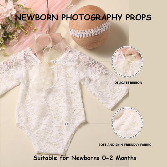 Newborn Photography Props - Lace Romper with Headband for Infant Photo Shoot - Girls Photoshoot Outfit (White) - color: White