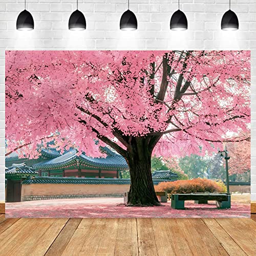 Renaiss 7x5ft Pink Cherry Blossom Backdrop Polyester Fabric Japan Cherry Floral Tree Landscape Palace Asian Themed Party Photography Background Wedding Birthday Party Decor Photo Booth Props - color: WSNWH17693, size: 7x5ft