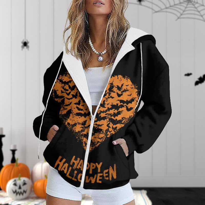 ZOCANIA Women's Sweatshirts Zip Up Hoodie Womens Halloween Long Sleeve Shirts Drawstring Lightweight Hoodies for Women - color: Bat Black, size: Large