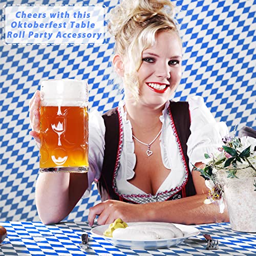 Oktoberfest Table Roll 52 in x 100 Ft Party Accessory with Slide Cutter Plastic Table Cloth Roll Oktoberfest Bavarian Blue Diamonds Tablecover for German Themed Party Decorations - color: Bule White