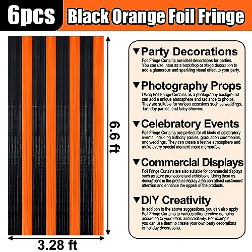 6 Pack Black Orange Foil Fringe Curtain Backdrop, 3.28Ft x 6.6Ft Metallic Tinsel Foil Fringe Streamer Curtains for Photo Booth, Christmas Day, Thanksgiving, Wedding, New Year Party Decorations - color: Black Orange