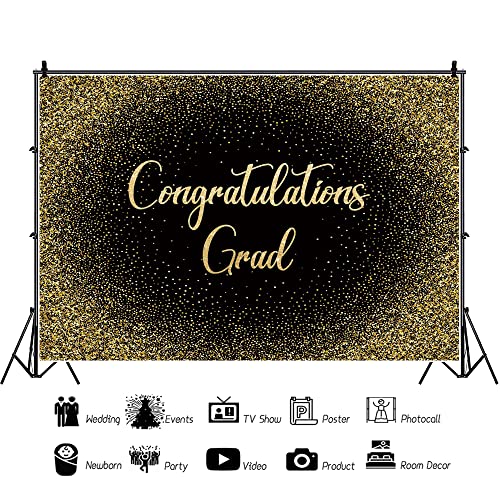 Graduation Backdrop Black and Gold Glitter Congrats Grad Backdrop Banner Class of 2026 Photo Backdrops School College Congratulations Graduation Party Decoration Photography Background 7x5ft - color: Black Gold, size: 7x5ft