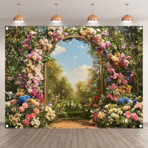 8x6ft Fabric Spring Enchanted Garden Backdrop Fairytale Forest Floral Butterfly Wonderland Oil Paint Photography Background Girl Kids Birthday Decor Photo Banner - size: 8'x6'